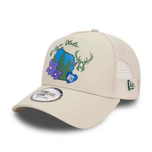 New Era Trucker Cap Milwaukee Bucks NBA Team Logo beige