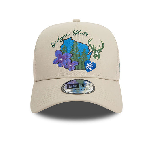 New Era Trucker Cap Milwaukee Bucks NBA Team Logo beige
